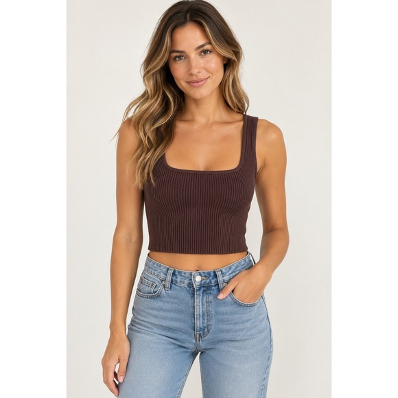 Aritzia Tops - Aritzia Babaton Womens XXS Cocoa Brown Ribbed Square Neck Sculpt Knit Crop Tank